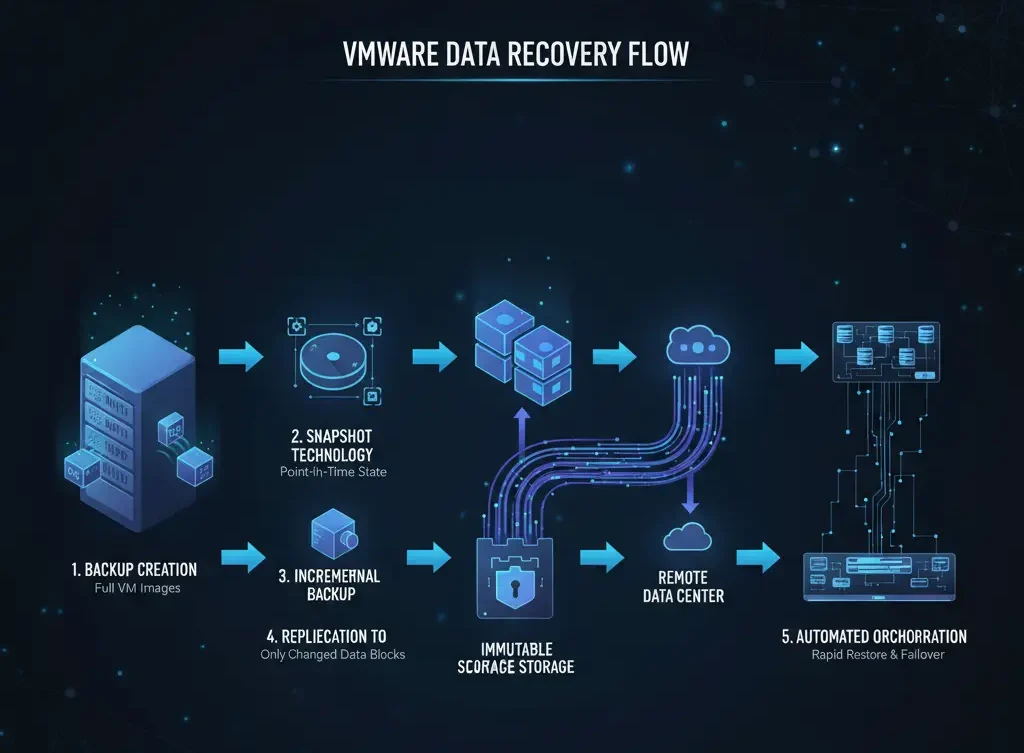 Infographic showing the step-by-step flow of VMware data recovery from backup creation, snapshots, incremental processing, replication, to automated orchestration.