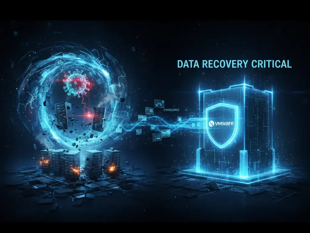 Illustration showing various disaster scenarios like ransomware, hardware failure, and natural disaster converging towards a robust data recovery solution.