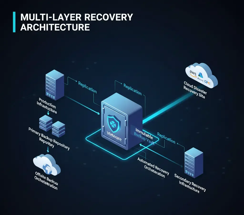 Diagram illustrating a multi-layer recovery architecture with primary and secondary backup repositories, offsite storage, and replication to cloud DR for enhanced resilience.