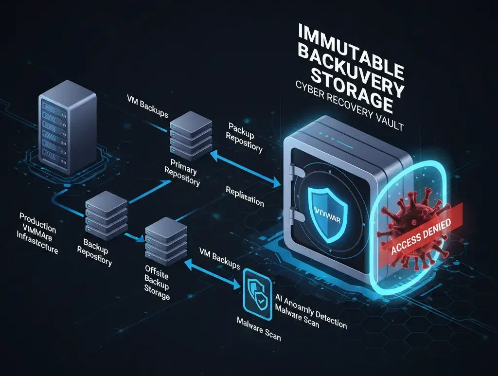An illustration of an immutable backup architecture with layers of protection, a secure vault icon, and defenses against ransomware attacks.